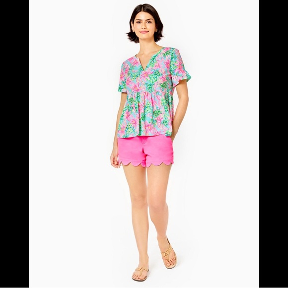 Lilly Pulitzer Jodee Ruffle Sleeve Swing Floral Top - Surf Blue So Shellegant - Picture 3 of 15